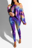 Fashion Casual Print Tie-dye Oblique Collar Long Sleeve Two Pieces