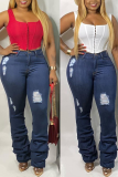 Casual Solid Ripped Mid Waist Boot Cut Denim Jeans