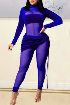 Sexy Solid Patchwork See-through Turtleneck Regular Jumpsuits