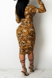 Sexy Print Leopard Patchwork Buckle Turndown Collar Irregular Dress Dresses