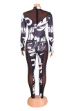Fashion Sexy Patchwork Print See-through Half A Turtleneck Skinny Jumpsuits