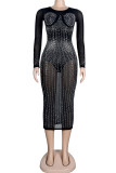 Fashion Sexy Patchwork Hot Drilling See-through O Neck Long Sleeve Plus Size Dresses