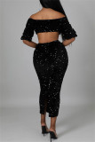 Fashion Sexy Solid Sequins Patchwork Off the Shoulder Long Sleeve Two Pieces