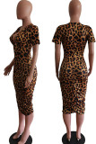Elegant Print Leopard Patchwork Fold V Neck One Step Skirt Dresses