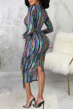 Sexy Striped Print Patchwork With Belt Turndown Collar One Step Skirt Dresses