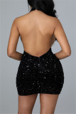 Sexy Patchwork Sequins See-through Backless Halter Sleeveless Dress Dresses