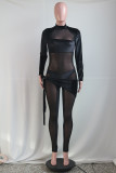 Fashion Sexy Patchwork See-through Half A Turtleneck Skinny Jumpsuits