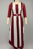 Casual Striped Print Patchwork Asymmetrical V Neck Long Sleeve Dresses