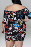 Fashion Casual Print Patchwork Zipper Off the Shoulder Long Sleeve Plus Size Dresses