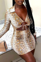 Fashion Sexy Print Bandage Hollowed Out Turndown Collar Long Sleeve Dresses