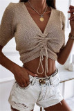 Fashion Casual Solid Draw String V Neck Tops