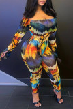 Sexy Print Tie Dye Patchwork Off the Shoulder Long Sleeve Two Pieces