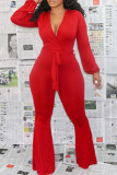 Fashion Casual Solid Bandage V Neck Boot Cut Jumpsuits