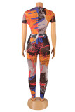Fashion Sexy Print O Neck Short Sleeve Two Pieces