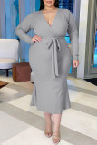 Fashion Casual Solid With Belt V Neck Long Sleeve Plus Size Dresses