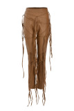 Fashion Casual Solid Tassel Patchwork Regular High Waist Pencil Trousers