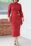 Fashion Casual Solid Bandage Hollowed Out O Neck Long Sleeve Dresses
