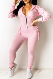 Fashion Casual Solid Bandage Zipper Hooded Collar Skinny Jumpsuits