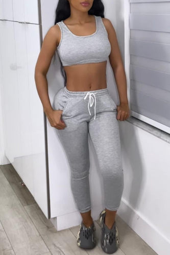 Casual Sportswear Solid Vests Pants U Neck Sleeveless Two Pieces