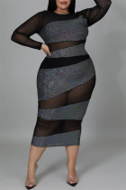 Fashion Sexy Patchwork See-through O Neck Long Sleeve Plus Size Dresses