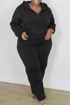 Casual Solid Patchwork Zipper Hooded Collar Plus Size Two Pieces