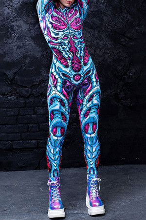 Street Punk Print Skull Patchwork Hooded Collar Skinny Jumpsuits