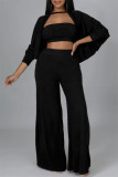 Fashion Casual Solid Hollowed Out Patchwork O Neck Long Sleeve Three-piece Set