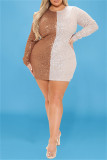 Fashion Sexy Patchwork Hollowed Out Sequins O Neck Long Sleeve Plus Size Dresses