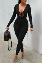 Sexy Solid Hollowed Out Patchwork Frenulum V Neck Regular Jumpsuits