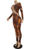 Fashion Sexy Print Bandage Hollowed Out O Neck Skinny Jumpsuits