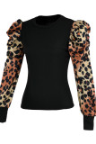 Fashion Casual Print Leopard Patchwork O Neck Tops