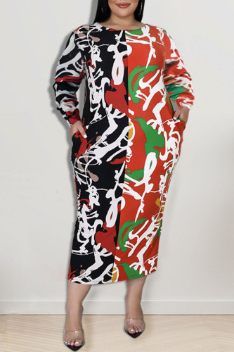 Casual Print Patchwork O Neck One Step Skirt Plus Size Dresses