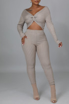 Sexy Solid Patchwork Knotted V Neck Long Sleeve Two Pieces