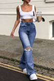 Fashion Casual Solid Ripped High Waist Straight Jeans