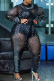 Fashion Sexy Hot Drilling See-through O Neck Plus Size Jumpsuits