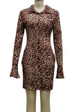 Sexy Print Leopard Patchwork Buckle Turndown Collar One Step Skirt Dresses