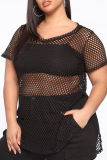 Fashion Sexy Solid Hollowed Out See-through O Neck Plus Size Tops