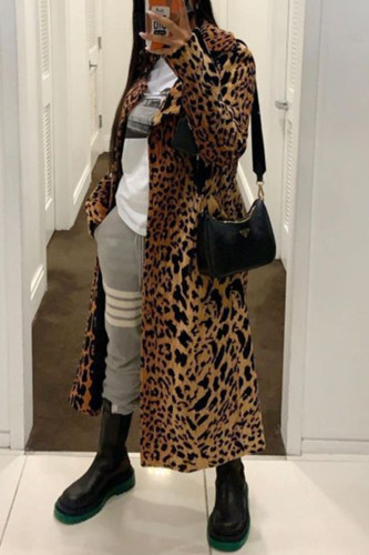Fashion Casual Solid Leopard Cardigan Turndown Collar Outerwear