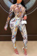 Sexy Print Patchwork O Neck Long Sleeve Two Pieces