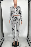 Fashion Casual Print Basic Zipper Collar Long Sleeve Two Pieces