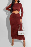Sexy Casual Solid Hollowed Out Fold O Neck Long Sleeve Dresses