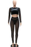 Sexy Solid Patchwork See-through O Neck Long Sleeve Two Pieces