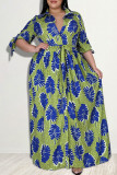 Casual Print Patchwork With Belt Turndown Collar Straight Plus Size Dresses