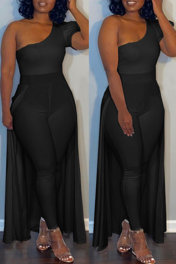 Sexy Casual Solid Patchwork Oblique Collar Plus Size Jumpsuits