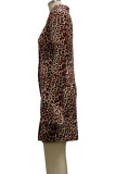 Sexy Print Leopard Patchwork Buckle Turndown Collar One Step Skirt Dresses