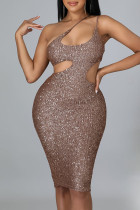 Sexy Solid Hollowed Out Split Joint Asymmetrical Sequins Spaghetti Strap A Line Dresses
