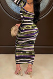 Sexy Casual Striped Print Bandage Backless Off the Shoulder Long Sleeve Dresses