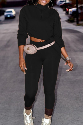 Casual Solid Patchwork Zipper Collar Long Sleeve Two Pieces(Without Belt)