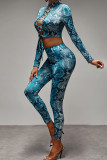 Sexy Print Bandage Hollowed Out Patchwork O Neck Long Sleeve Two Pieces