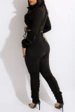 Fashion Casual Solid Draw String Fold Turndown Collar Long Sleeve Two Pieces